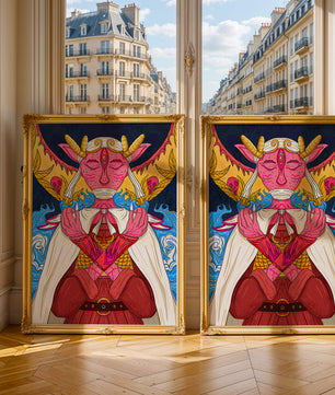 Surreal illustration of a mystical creature with golden horns and vibrant elements