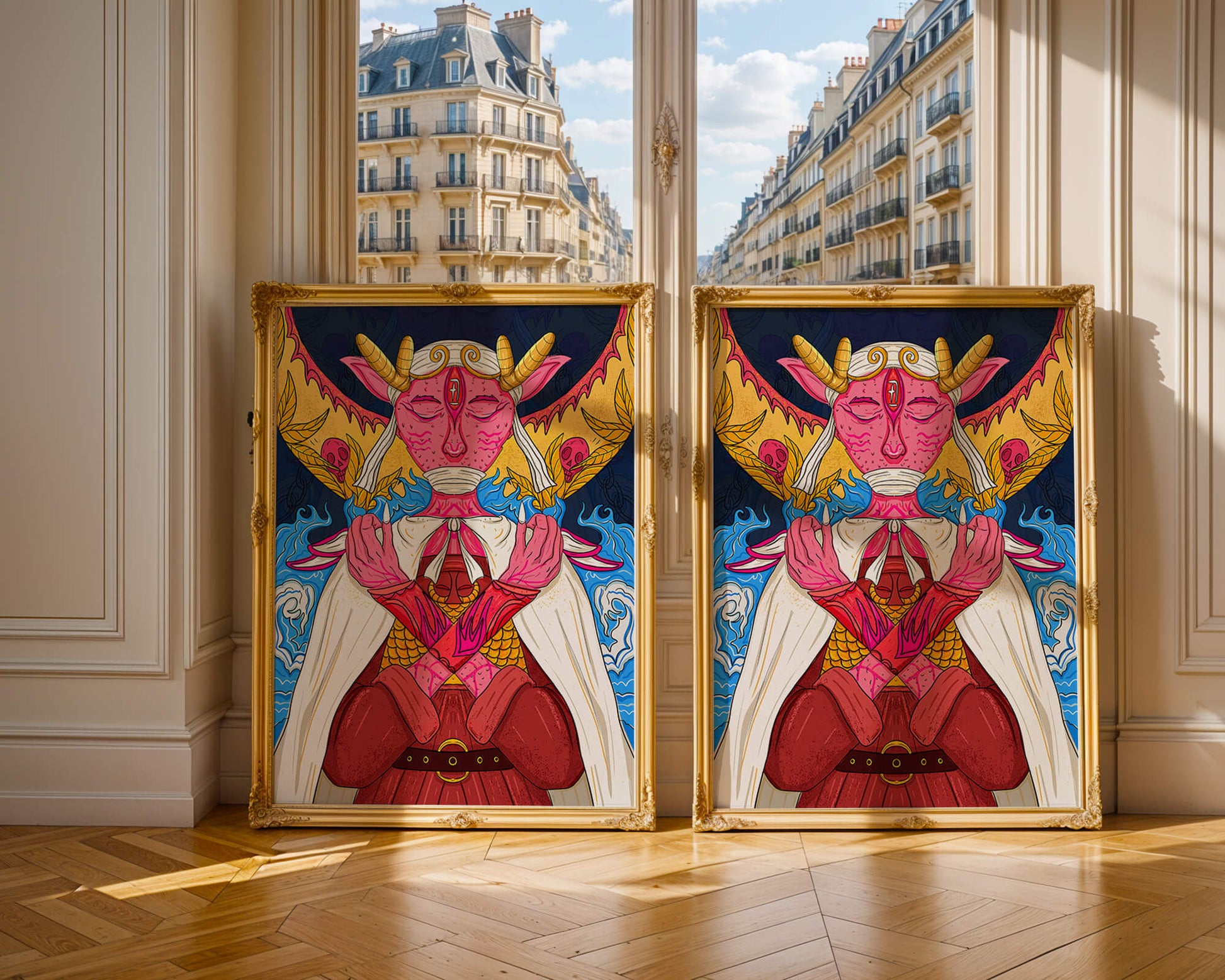 Surreal illustration of a mystical creature with golden horns and vibrant elements