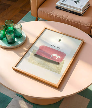 Minimalist Interior with Pink Sofa and Relaxed White Cat