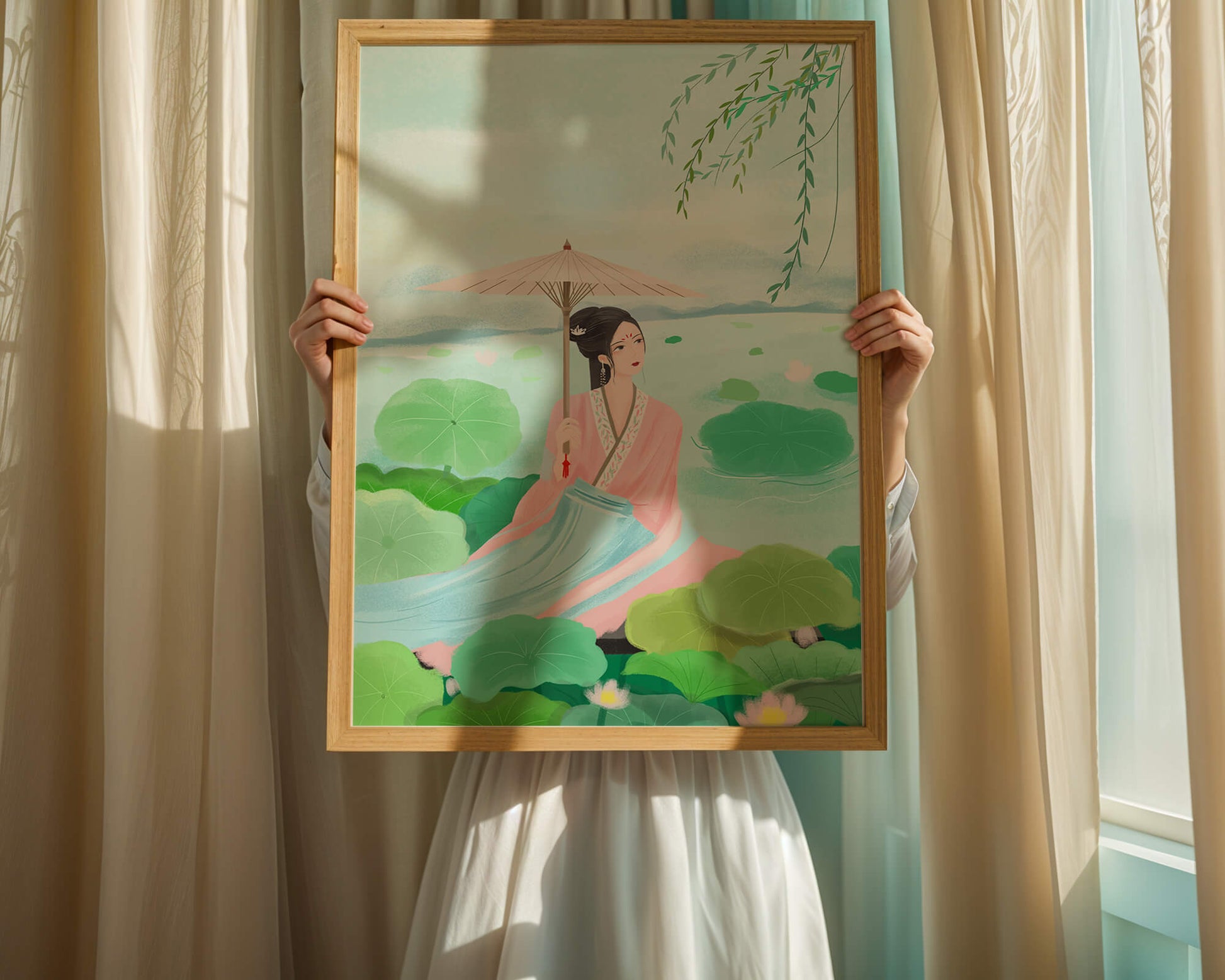 Elegant woman in traditional attire with umbrella surrounded by lotus leaves