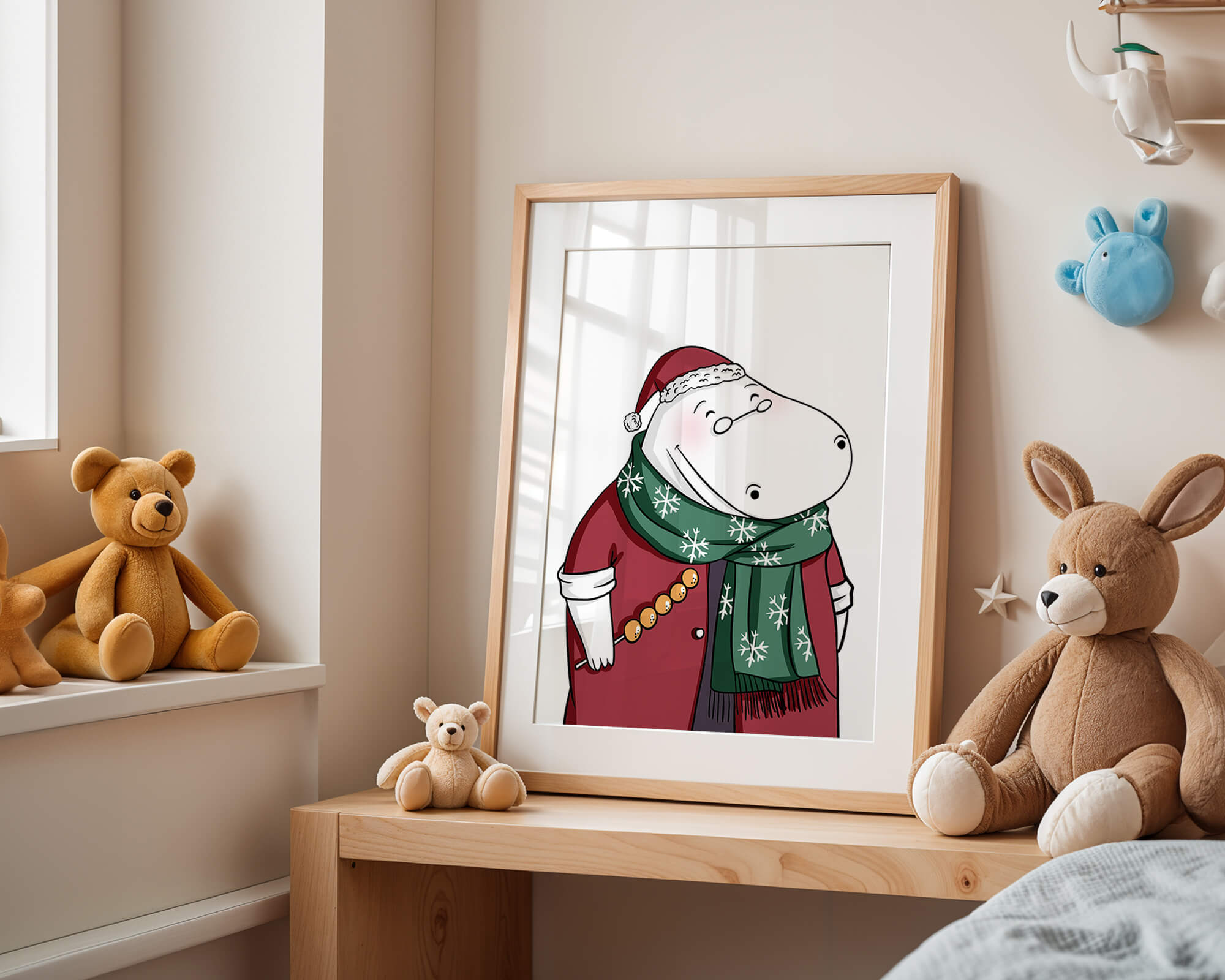 Festive hippo in a red outfit with a green snowflake scarf
