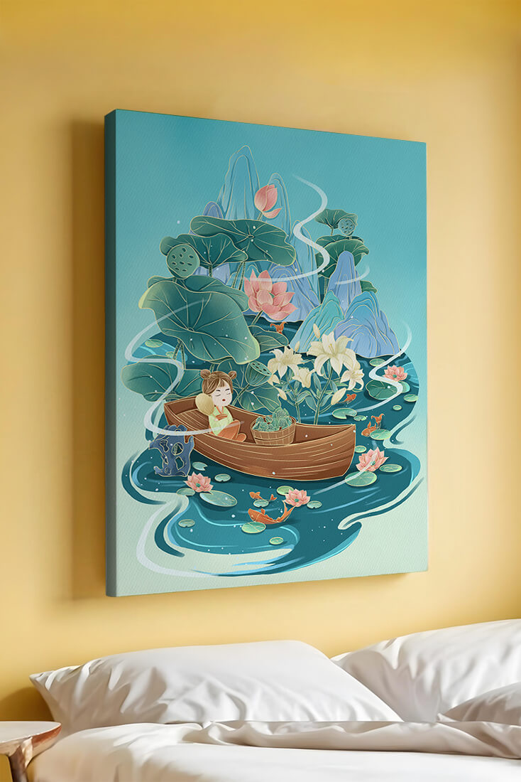 Serene landscape with lotus and boat in a tranquil water scene
