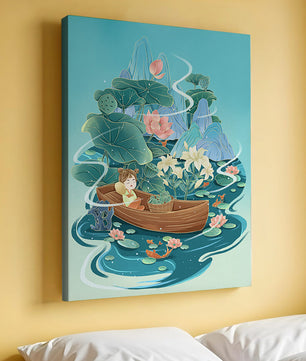 Heitere Landschaft mit Lotus und Boot in einer ruhigen Wasserszene