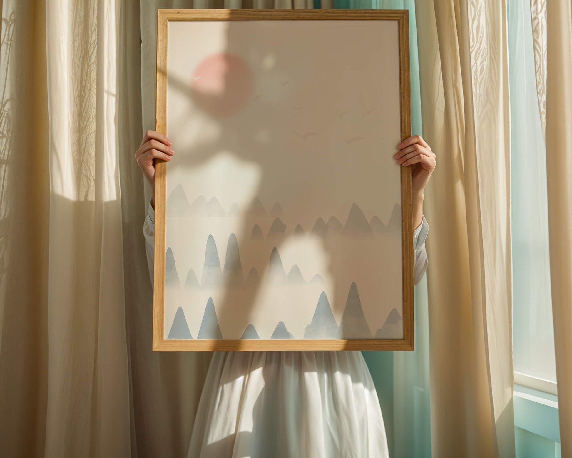 Minimalistic Mountain Landscape with Soft Colors and Birds in the Sky