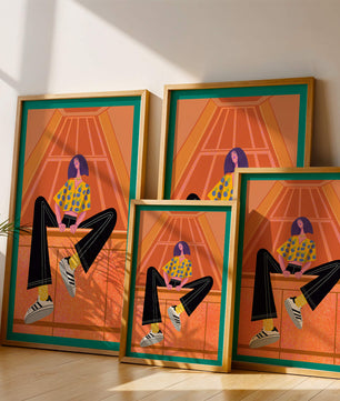 Stylish woman sitting in a vibrant geometric setting