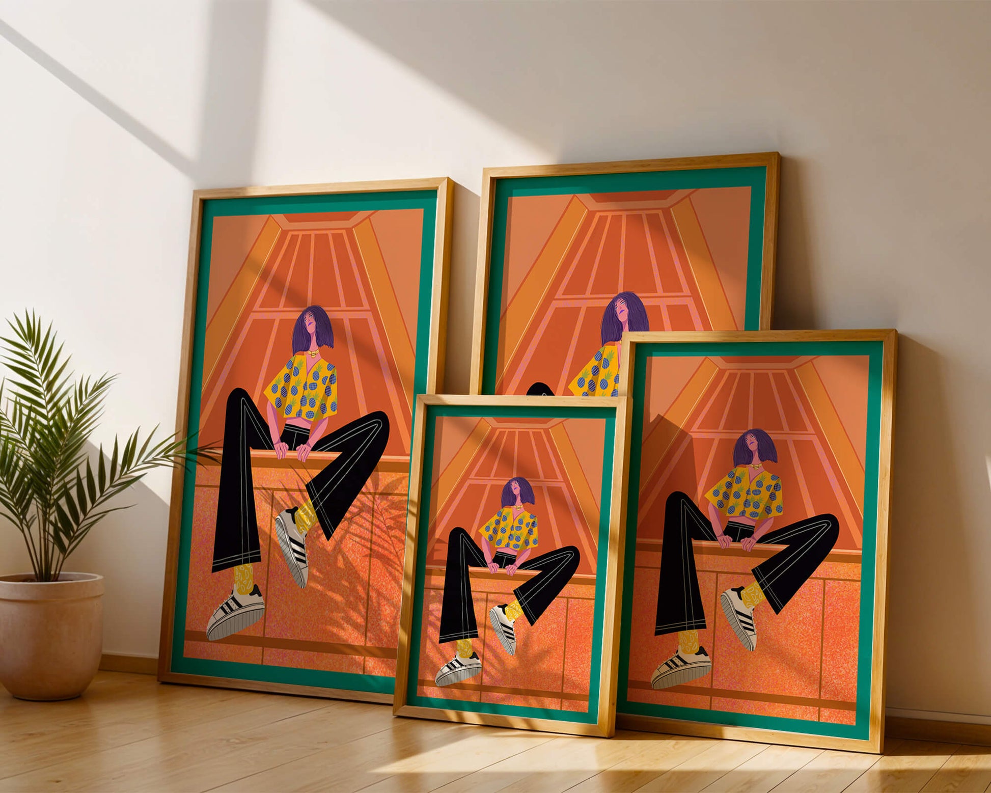 Stylish woman sitting in a vibrant geometric setting