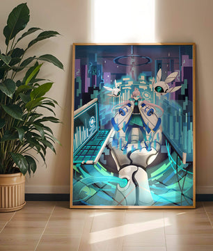 Escena futurista de anime digital con elementos de ciencia ficción y compañeros robóticos