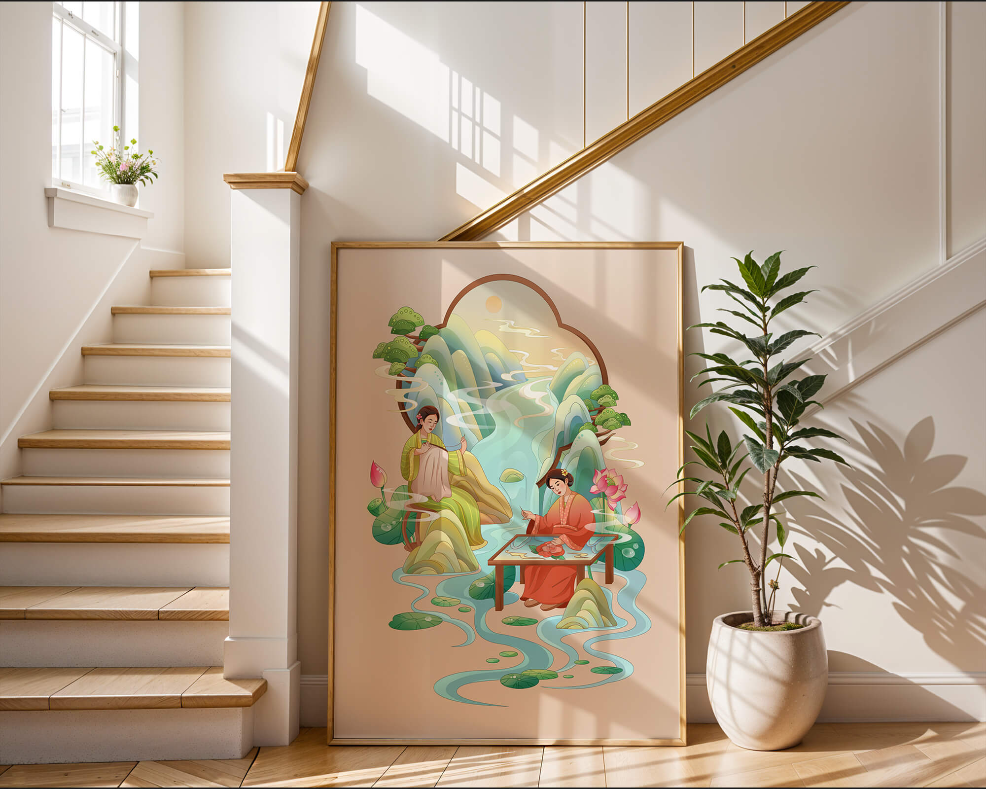 Serene water and nature scene with people in traditional attire