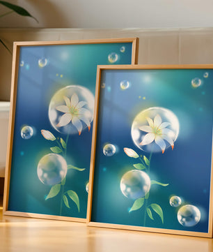 Zarte Blume in transparenten Blasen auf einem verträumten blauen Hintergrund
