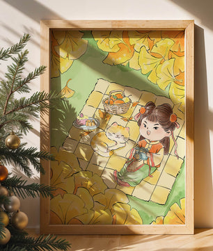 Charming autumn picnic scene with girl and cat surrounded by ginkgo leaves