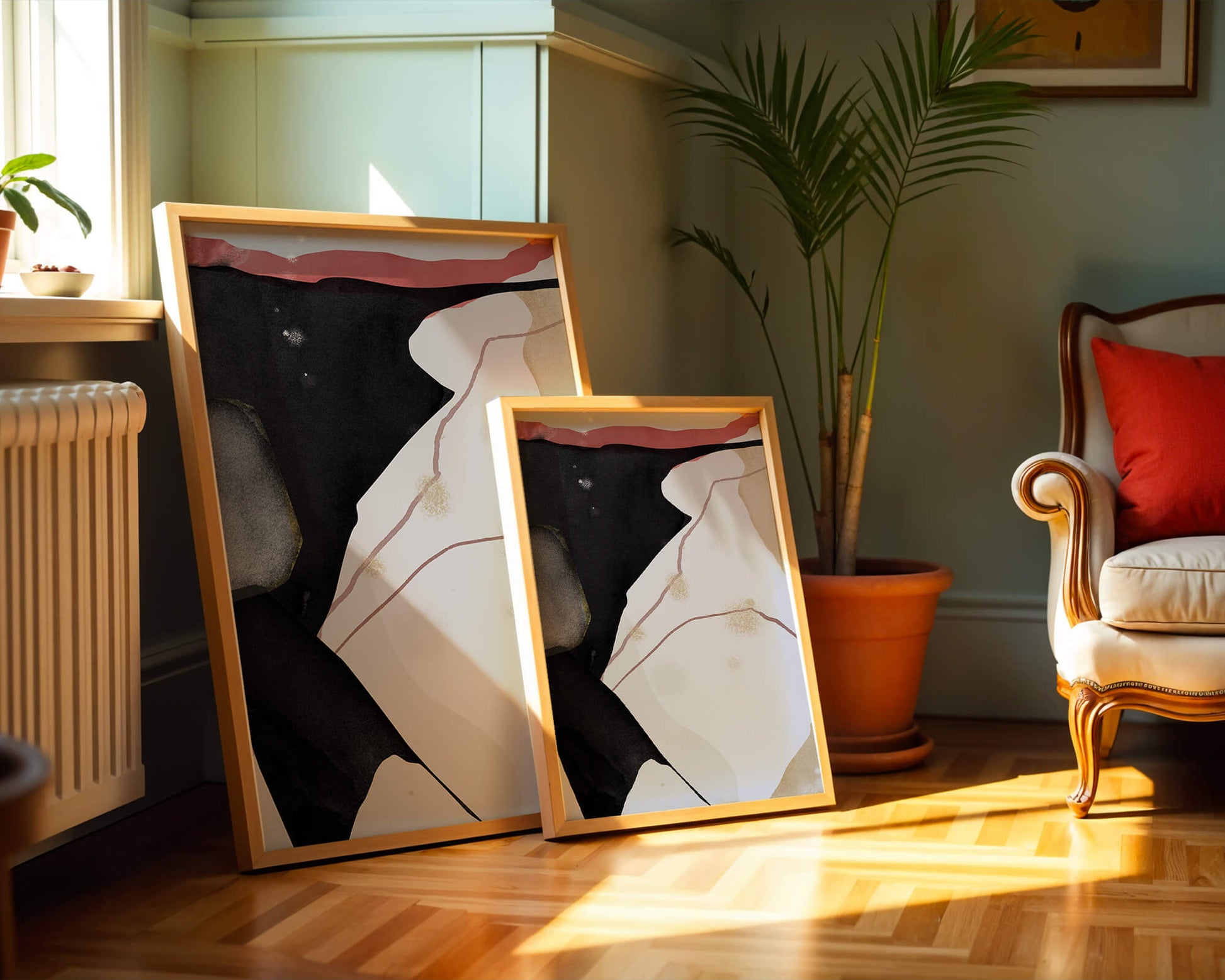Abstract Composition with Bold Black and Subtle Gold Accents