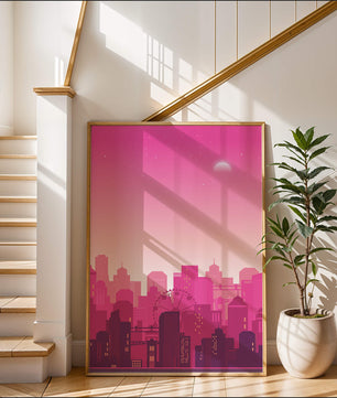 Skyline urbano al anochecer con degradado rosa y noria