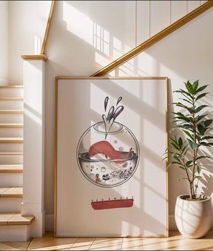 Ilustración de una ballena dentro de una pecera con una regla rosa