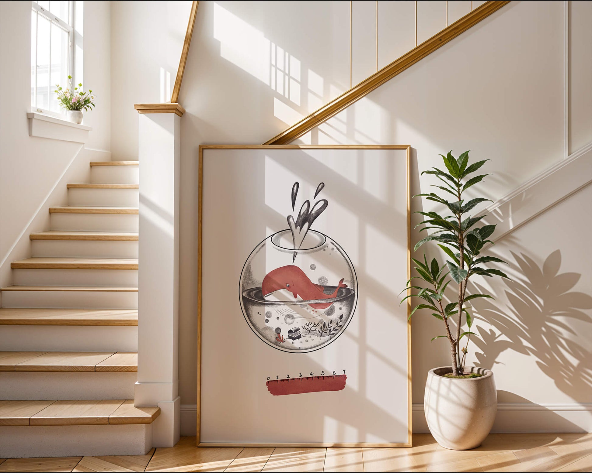 Illustration of a whale inside a fishbowl with a pink ruler