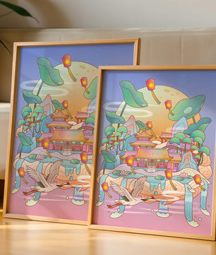 Illustration pittoresque d’un temple chinois avec des lanternes flottantes et un paysage serein