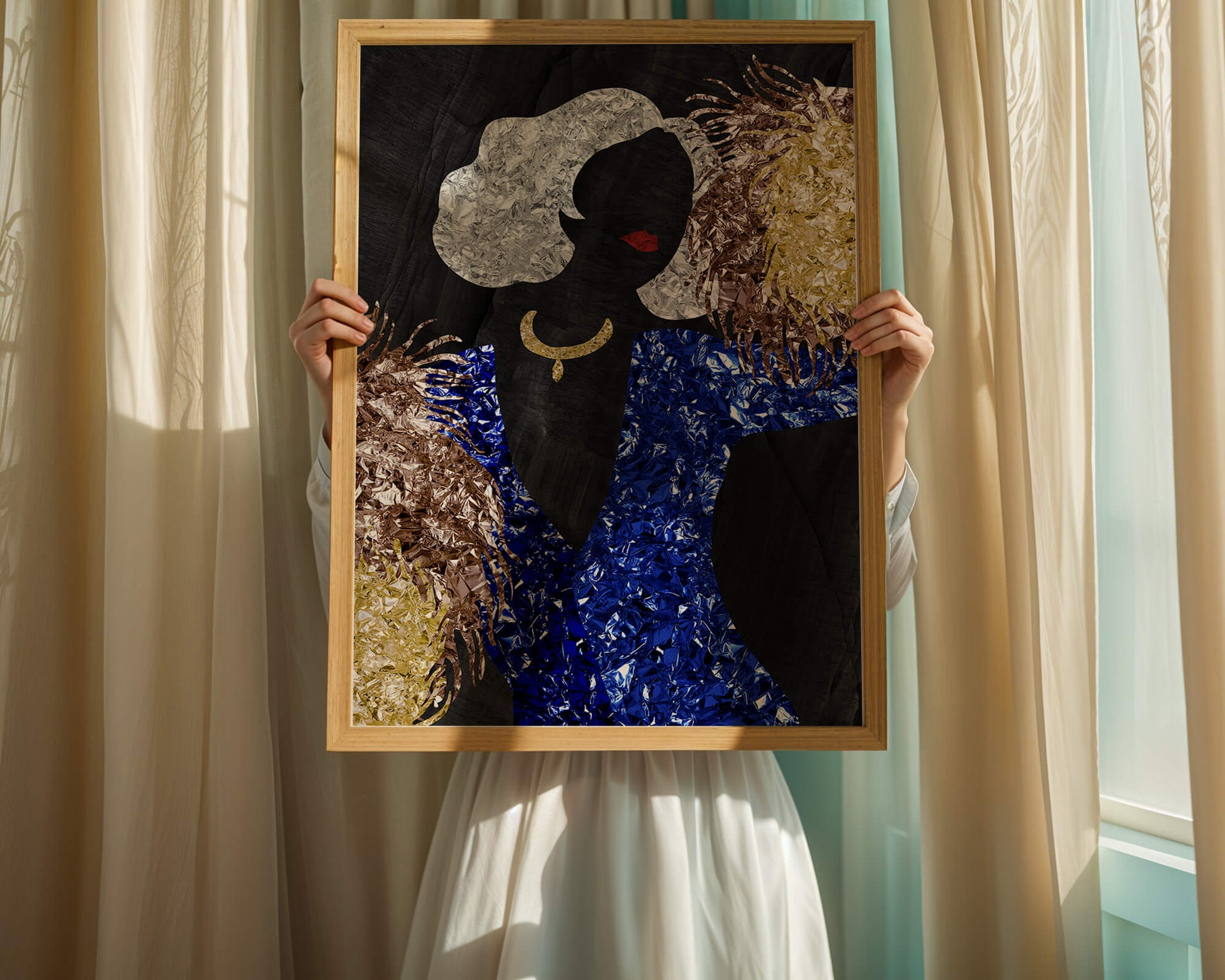 Abstract art with colorful foil textures and silhouette