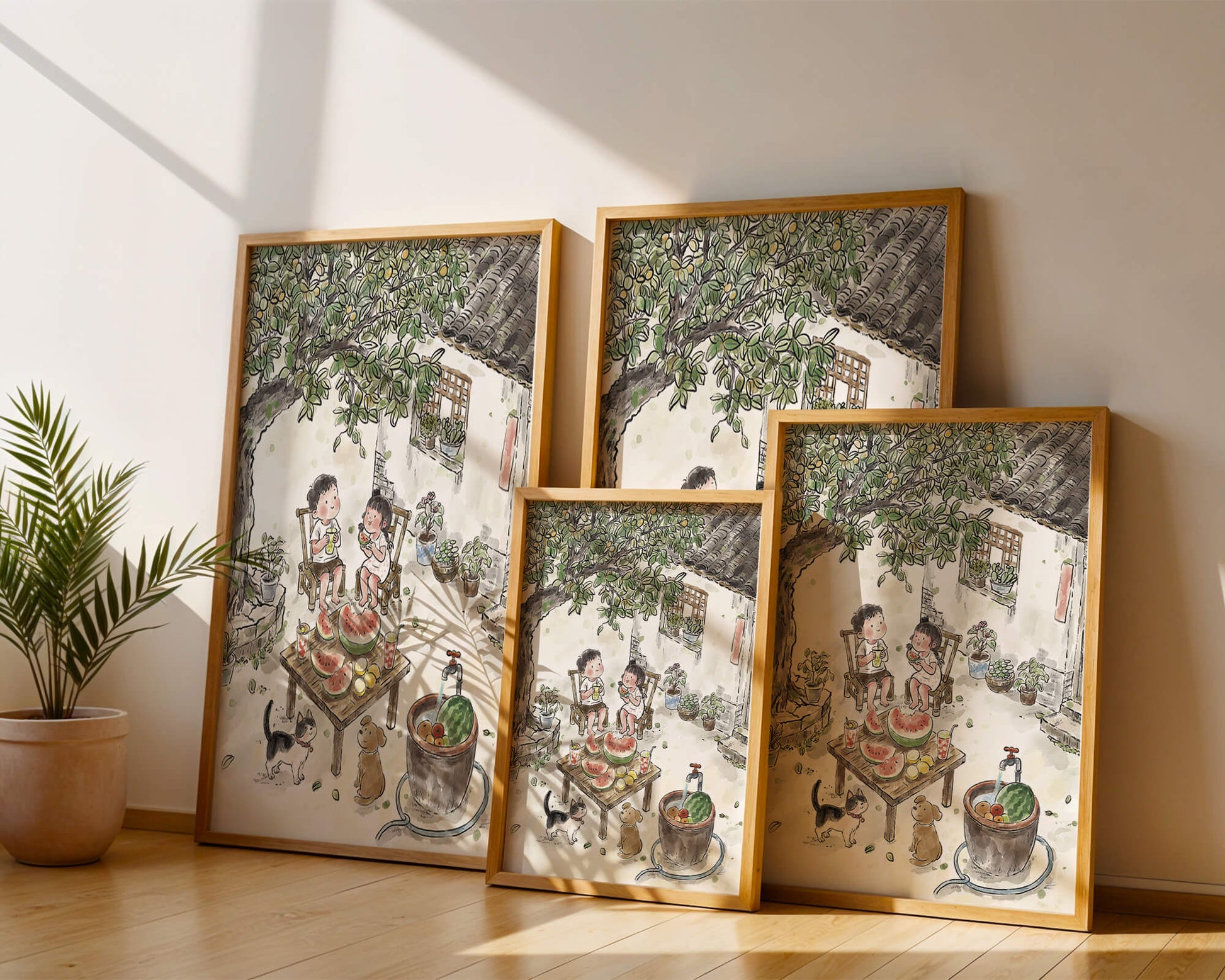 Encuentro acogedor en el patio trasero de verano con sandía y mascotas