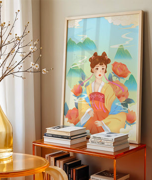 Traditional Asian Art with Woman in Hanfu Surrounded by Mountains and Peonies