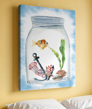 Watercolor illustration of marine life in a jar with a clownfish