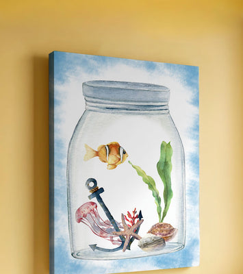 Watercolor illustration of marine life in a jar with a clownfish