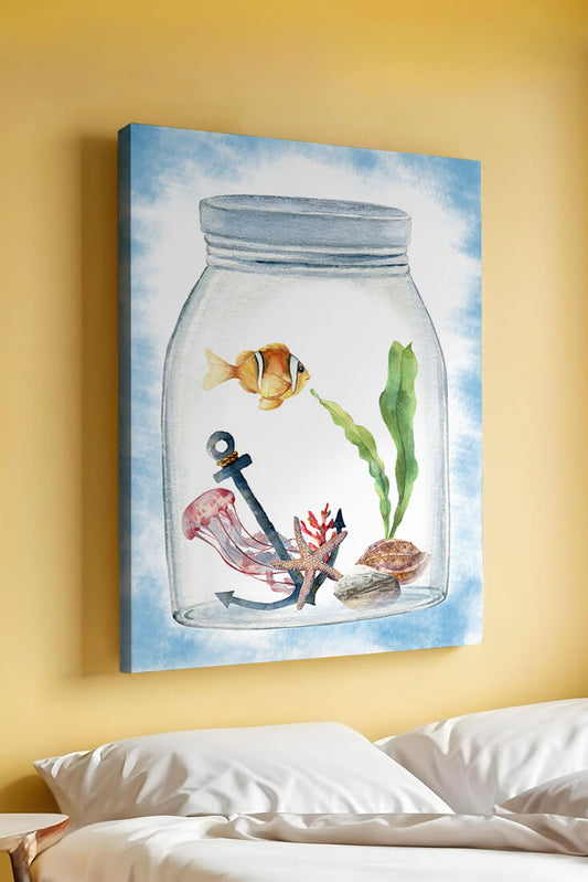 Watercolor illustration of marine life in a jar with a clownfish