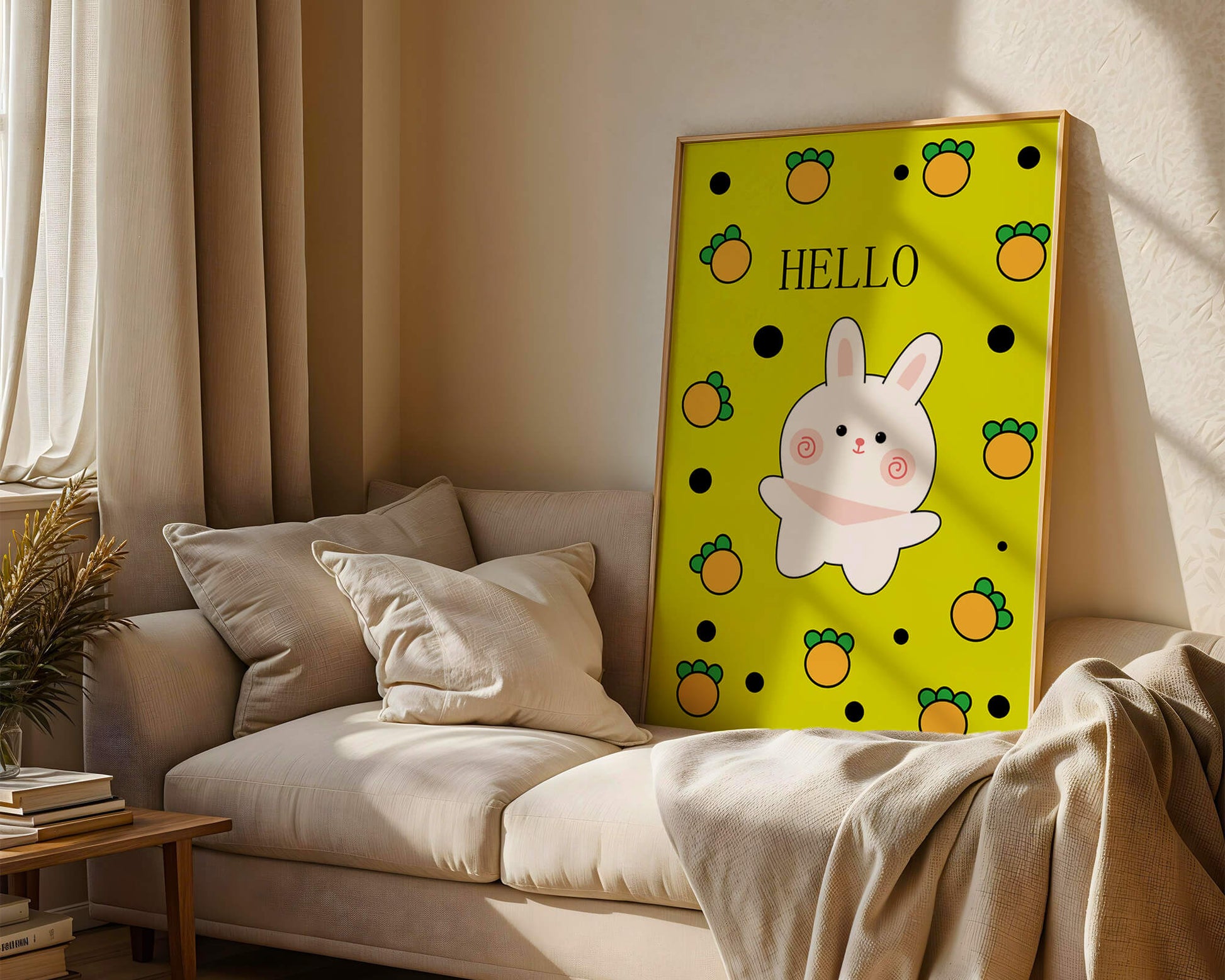 Charming rabbit cartoon illustration on yellow background with orange elements