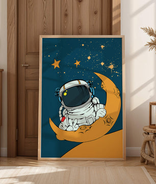 Charming Astronaut Sitting on a Crescent Moon with Stars in Space - Mi tienda
