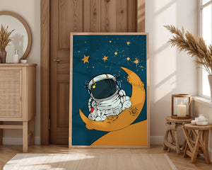 Charming Astronaut Sitting on a Crescent Moon with Stars in Space - Mi tienda