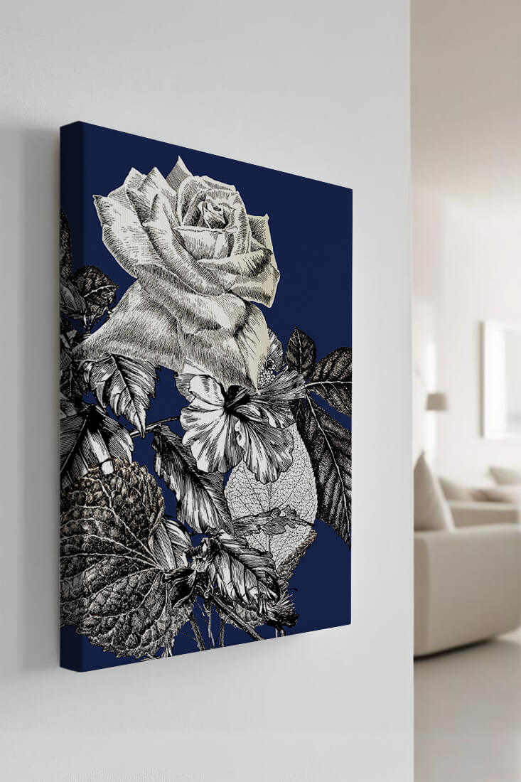 Intricate botanical illustration of roses and foliage on a deep blue background