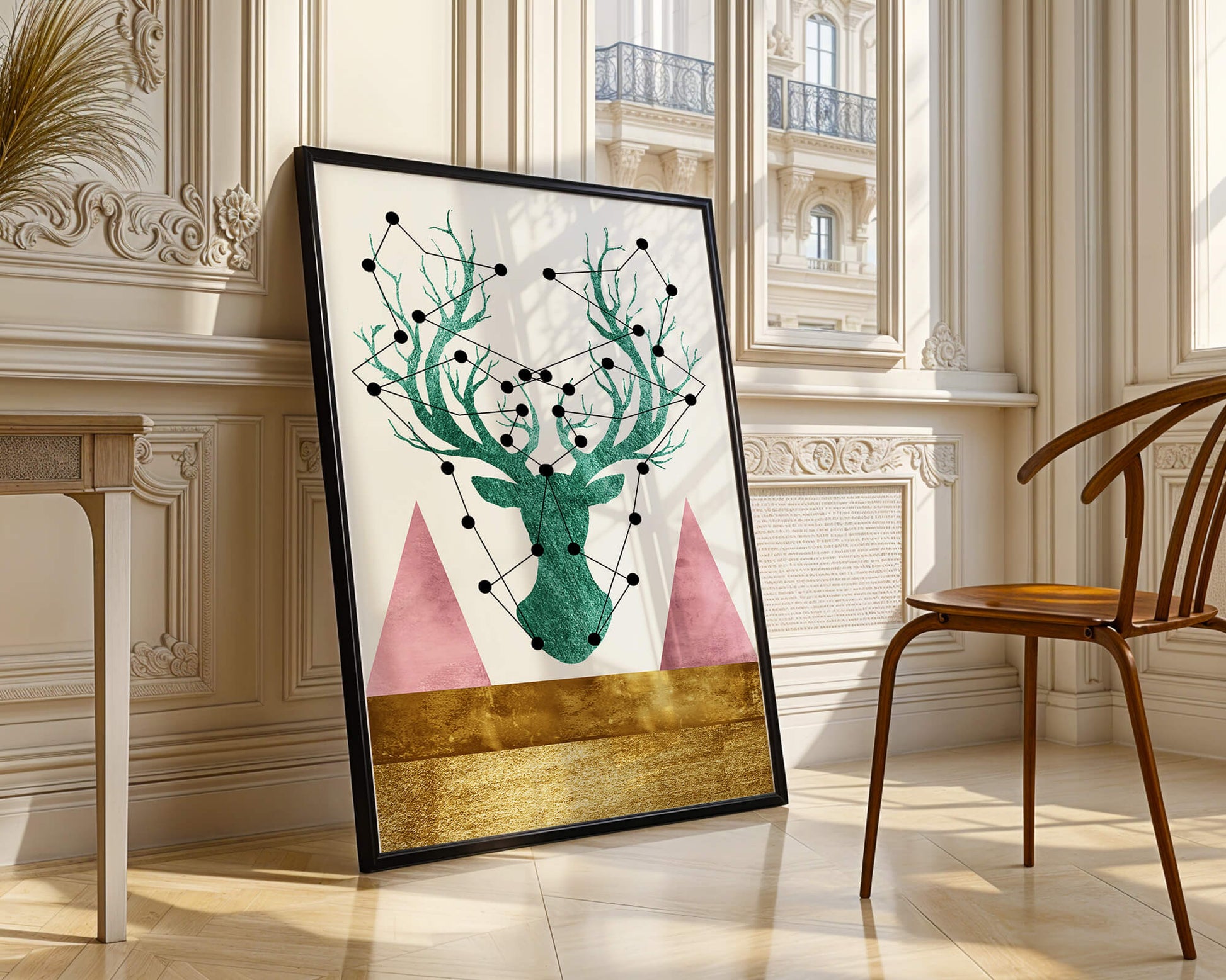Geometric Deer with Abstract Elements and Gold Accents