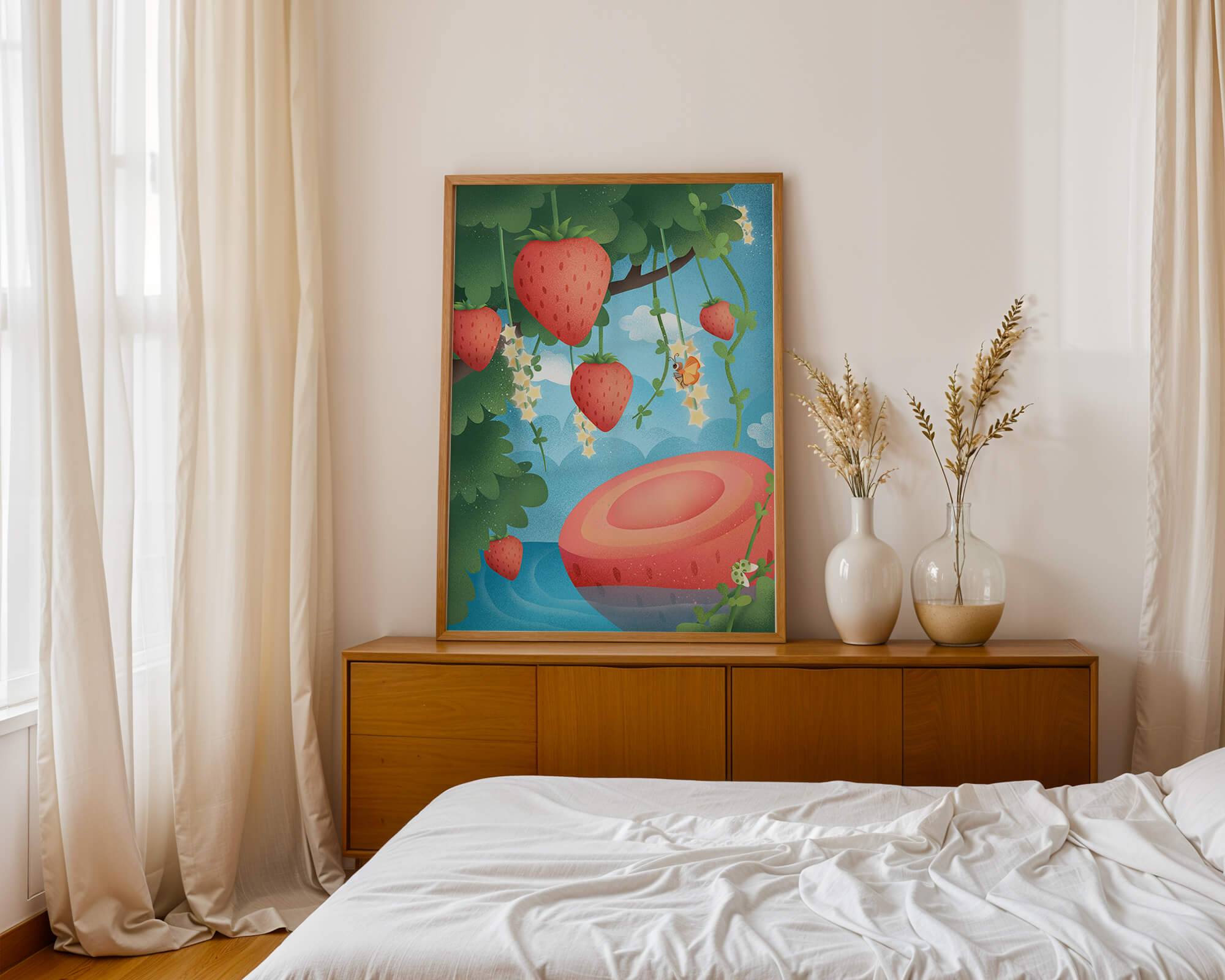 Illustrated strawberries in a whimsical garden setting