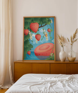 Illustrated strawberries in a whimsical garden setting
