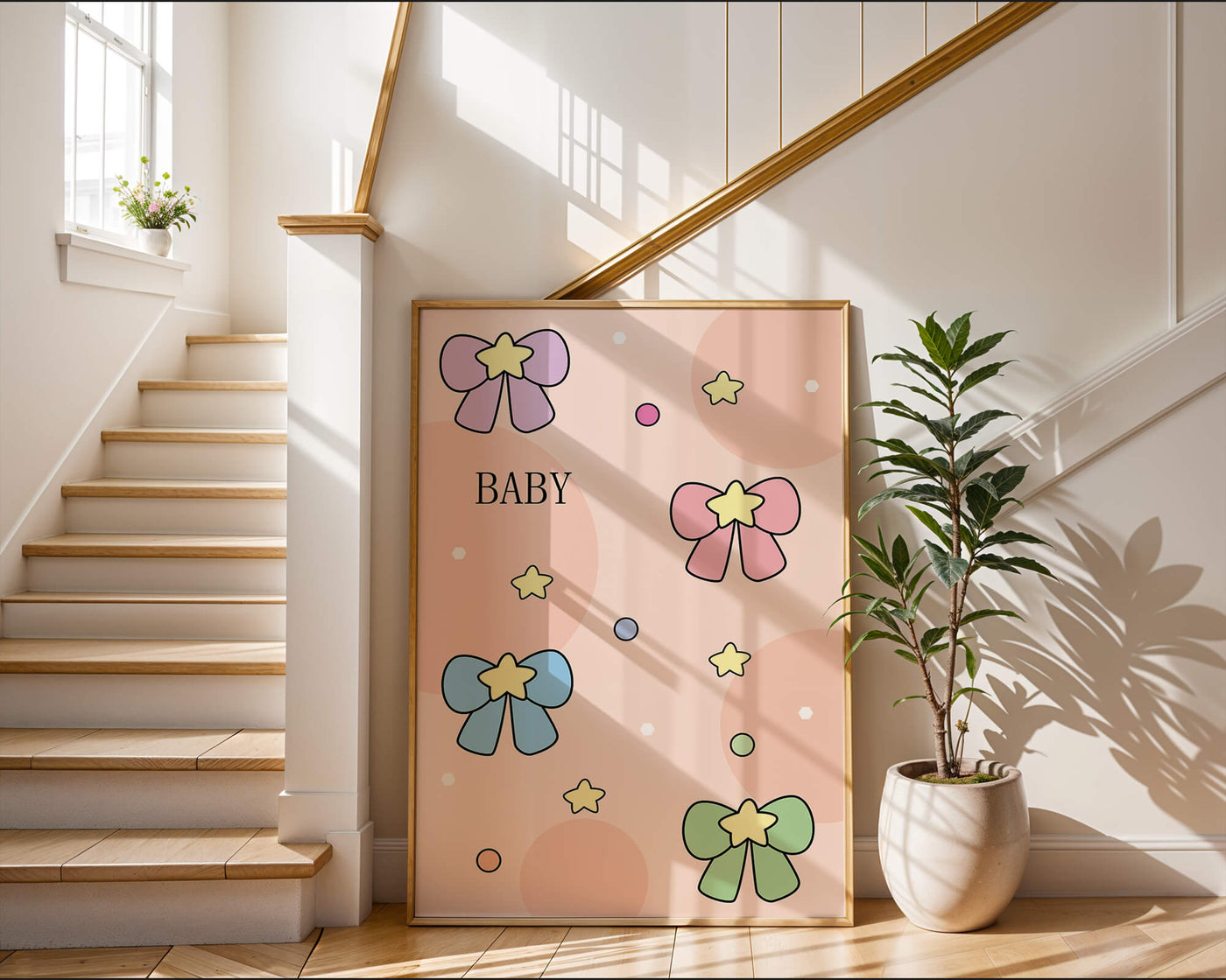 Colorful baby-themed backdrop with bows and stars