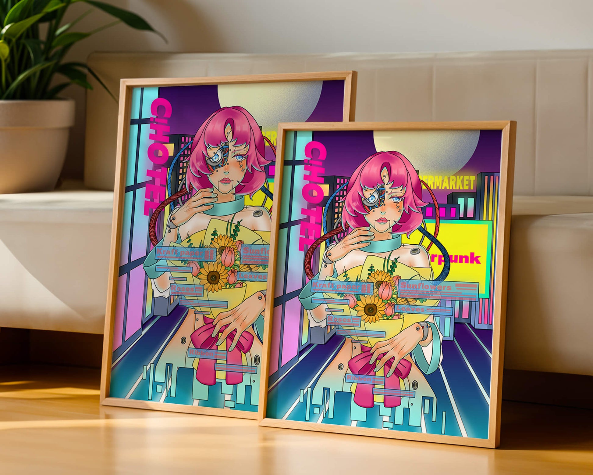 Futuristic cyberpunk woman with a bouquet of flowers in a neon cityscape
