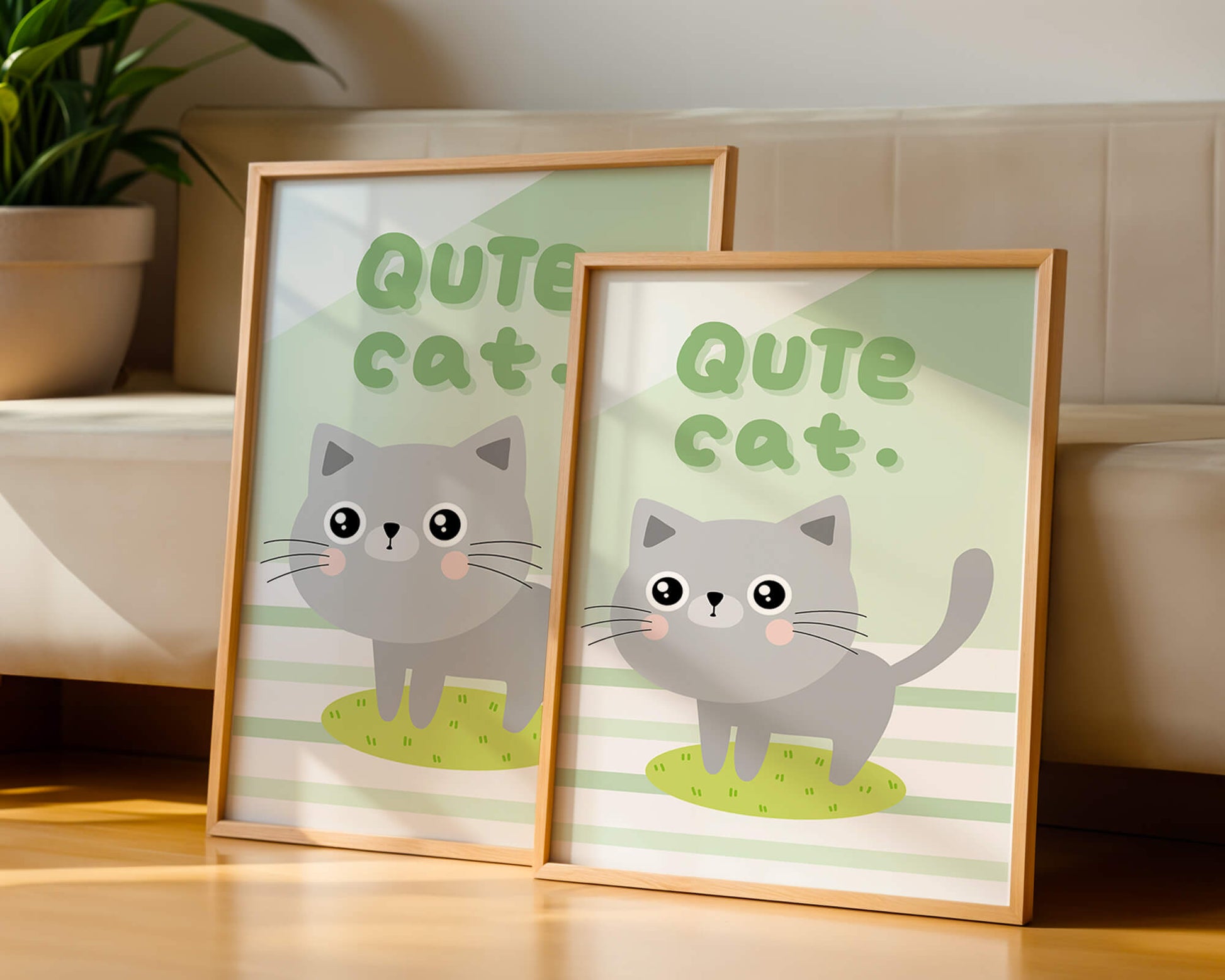 Adorable cartoon cat illustration on pastel background