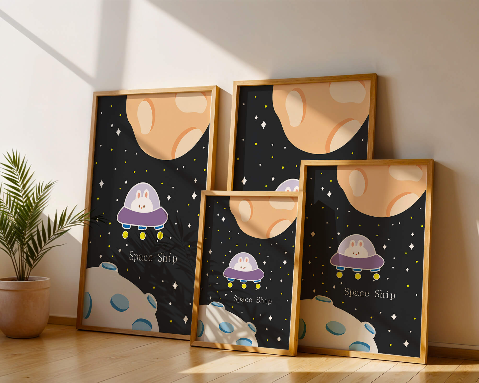 Cute bunny in spaceship with planets and stars in space illustration