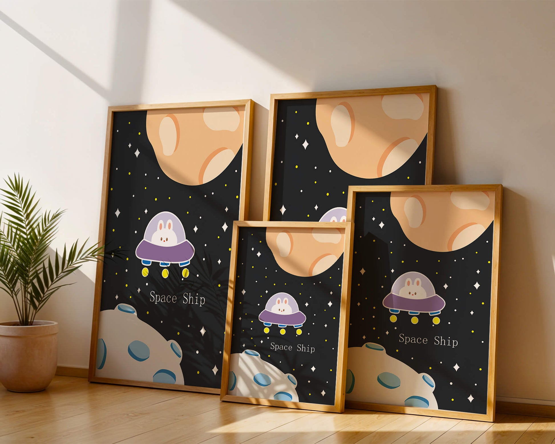 Cute bunny in spaceship with planets and stars in space illustration