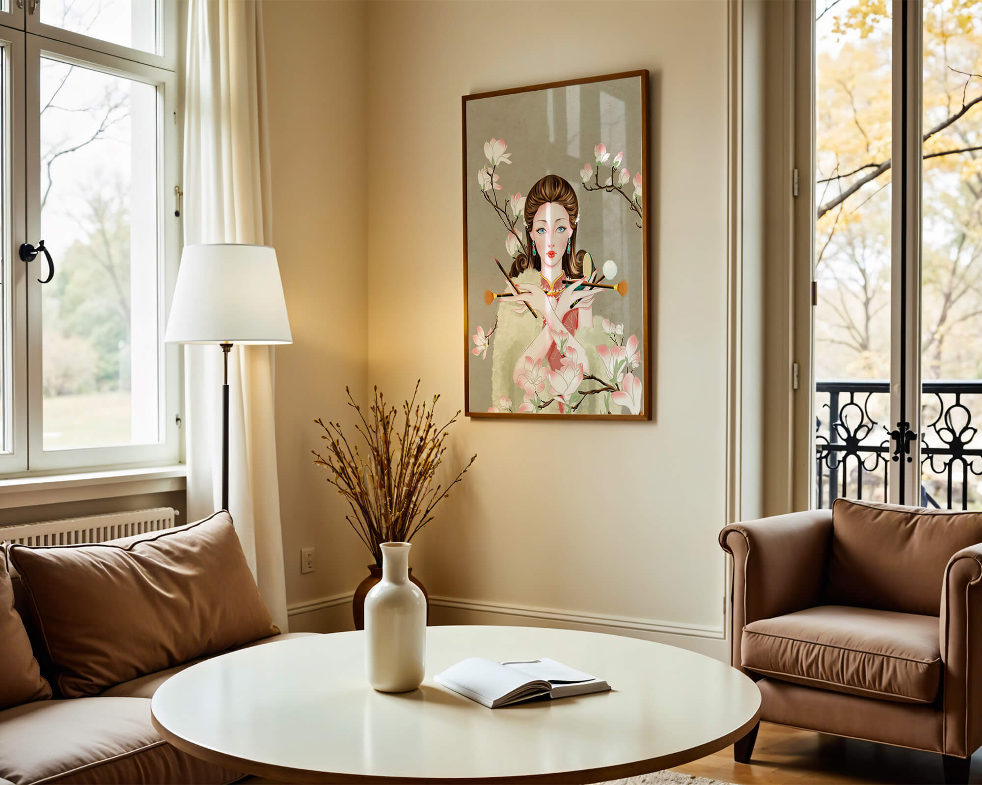 Elegant woman with makeup tools amidst blooming magnolia branches