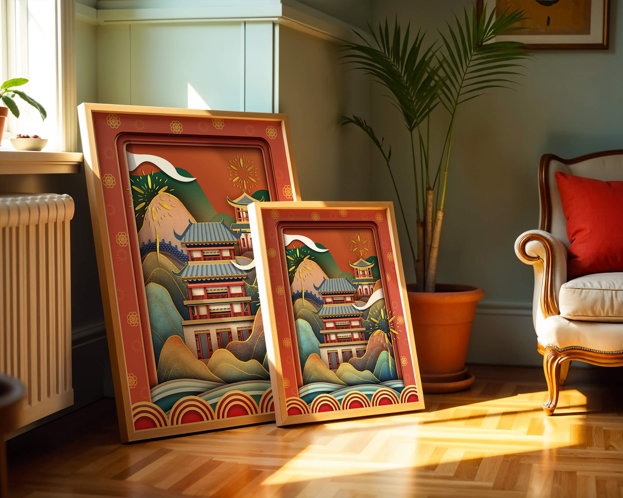 Traditional Asian architecture with fireworks and vibrant mountains