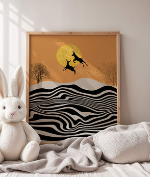 Abstract landscape with jumping deer and golden sun