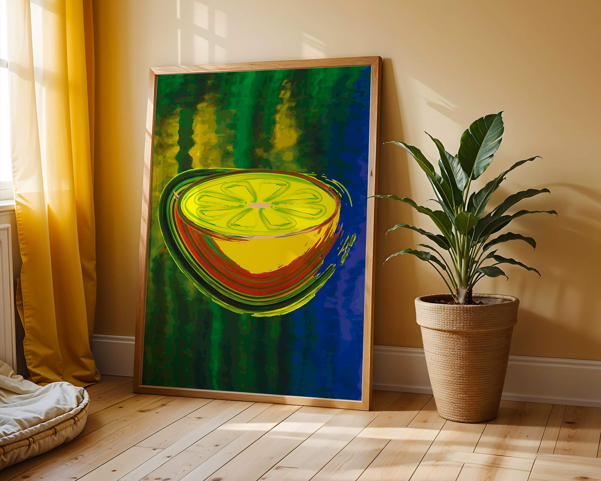 Vibrant abstract lemon slice with a colorful background