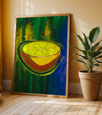 Vibrant abstract lemon slice with a colorful background