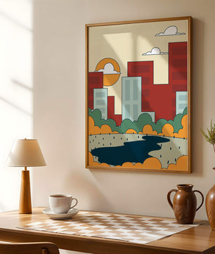 Cityscape At Sunset With Park And Lake