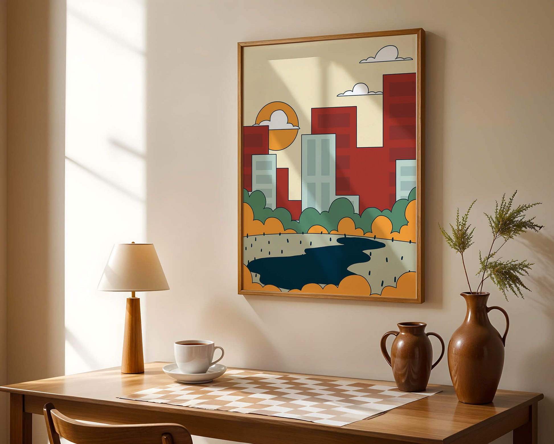 Cityscape At Sunset With Park And Lake