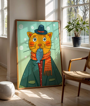 Gato caprichoso vestido con atuendo invernal colorido