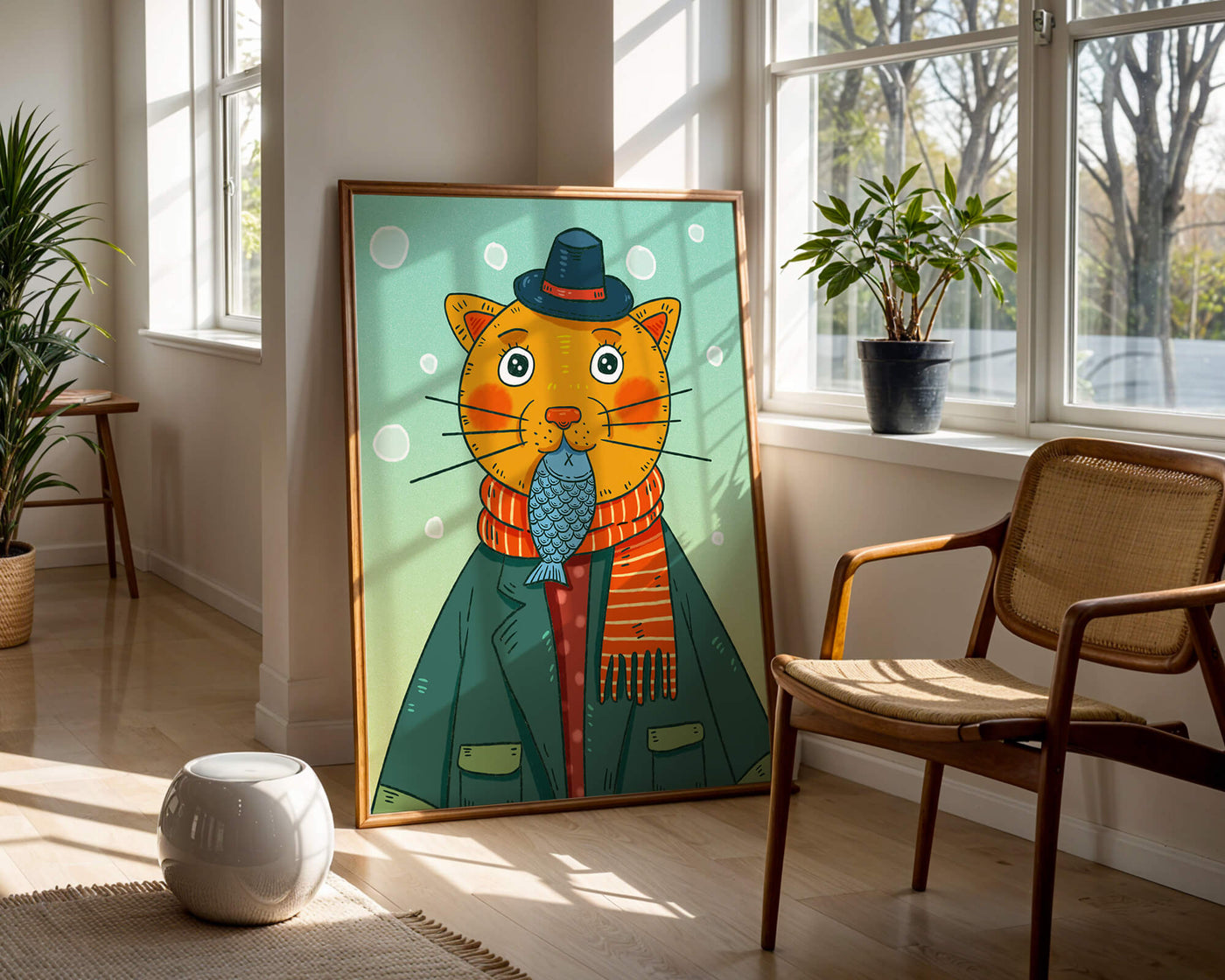 Whimsical cat dressed in colorful winter attire