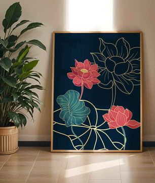 Vibrant Lotus Flowers on Dark Background with Gold Outline