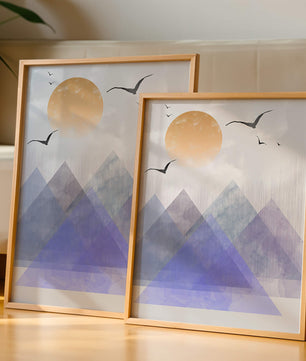 Abstract Mountain Landscape with Geometric Elements and Soaring Birds