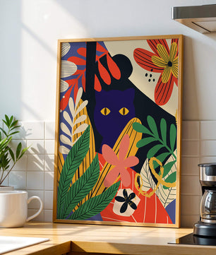 Ilustración abstracta colorida con un gato y patrones florales