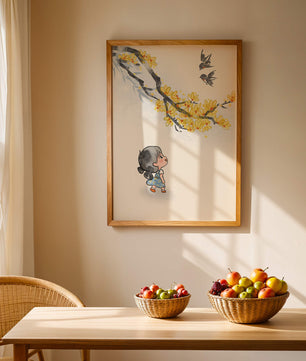 Charming illustration of a child gazing at birds and yellow blossoms